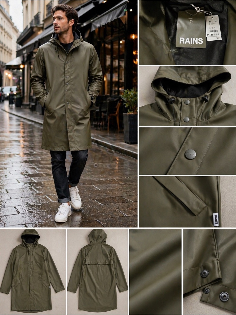 RAINS Olive Green Hooded Raincoat XL Long Jacket Waterproof Minimalist Coat